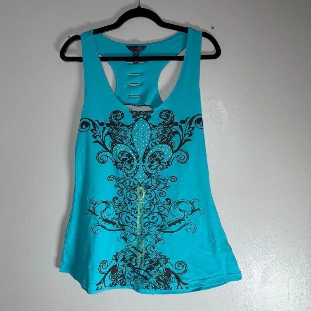 Dereon Y2K Turquoise Rhinestone Fleur-De-Lis Racerback Tank Cutout Tie-Back Top